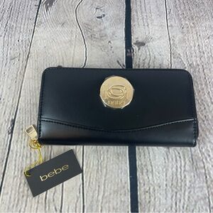 Bebe Melendy Zip-Around Wallet Clutch Black With Gold Tone Hardware NWT MSRP $49
